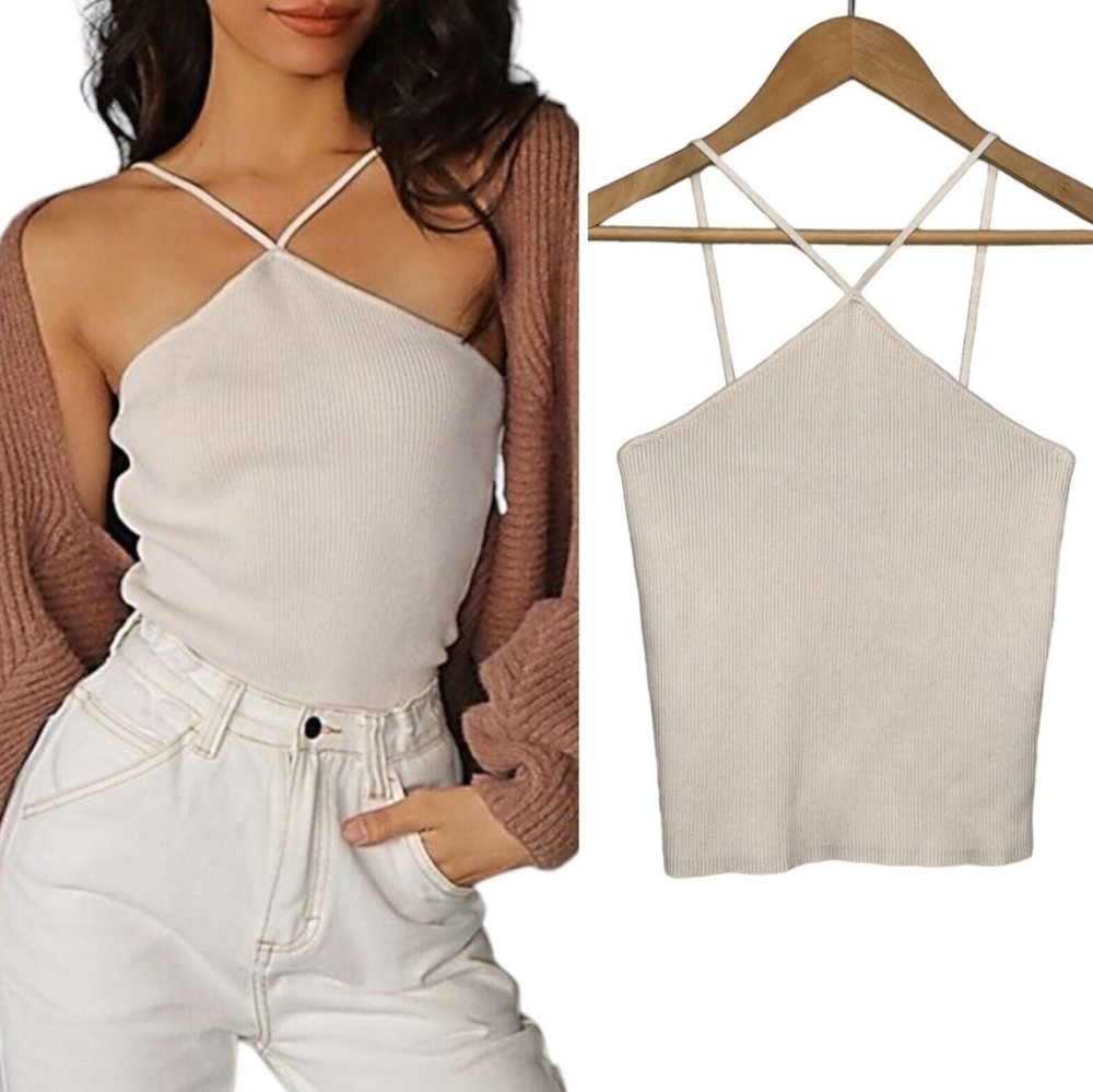 Zara Ribbed Cross Strap Halter Top